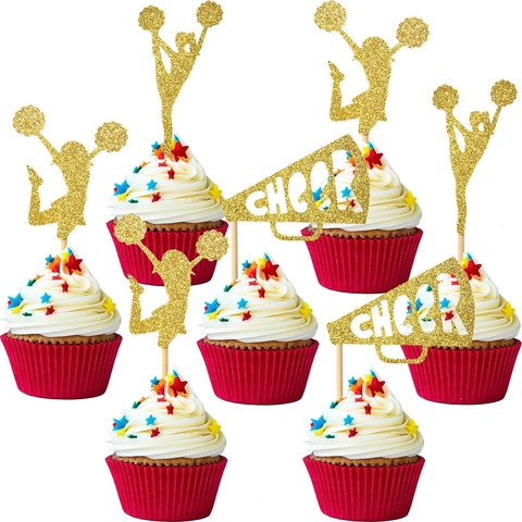 Gouden Glitter Cupcake Toppers Cheerleader Silhouet En Megfoon Cake Prikkers Voor Afstuderen Sport Verjaardag Decoratie