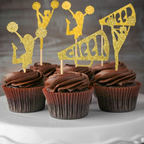 Gouden Glitter Cupcake Toppers Cheerleader Silhouet En Megfoon Cake Prikkers Voor Afstuderen Sport Verjaardag Decoratie