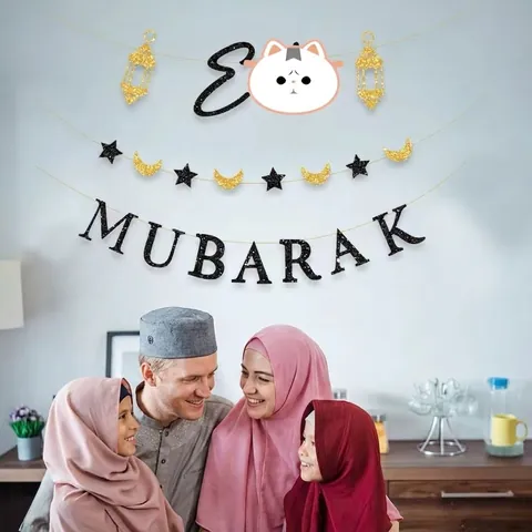 Eid Mubarak Party Deko Banner Mond Stern Laterne Girlande Glitzer Papier Ramadan Kareem Islamische Haus Dekoration