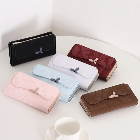 Frauen Langes Portemonnaie Frosted PU Leder Metall Blatt Schnalle Dreifach Gefaltet Retro Clutch