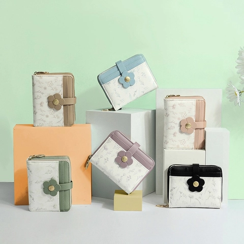Women's Small PU Leather Bi-fold Wallet With 3D Flower Buckle Floral Print Multi Card Slots Zipper Coin Purse Short Wallet For Ladies