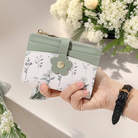 Petit Portefeuille Femmes Cuir PU Imprimé Fleuri Boucle Fleur Bifold Multi Fentes Pour Cartes Porte Monnaie Élégant