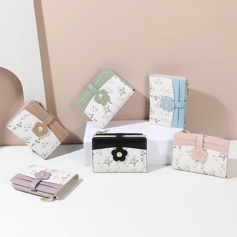 Portafoglio Corto Da Donna Pelle PU Stampa Floreale Fibbia A Fiore Bifold Slot Per Carte Portamonete Elegante Clutch