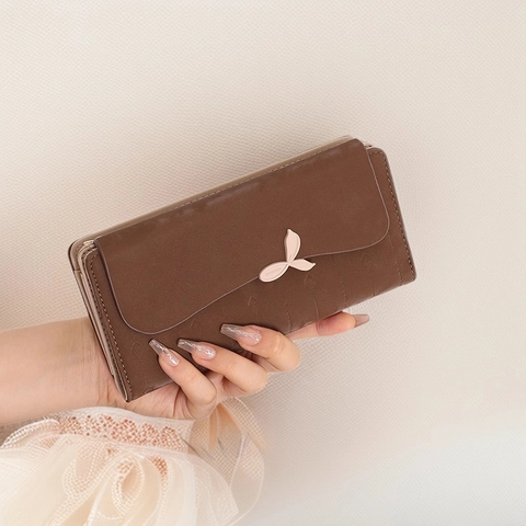 Frauen Langes Portemonnaie Frosted PU Leder Metall Blatt Schnalle Dreifach Gefaltet Retro Clutch
