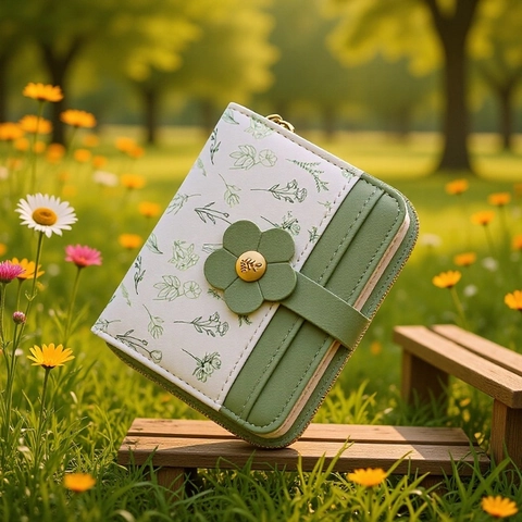 Women's Small PU Leather Bi-fold Wallet With 3D Flower Buckle Floral Print Multi Card Slots Zipper Coin Purse Short Wallet For Ladies