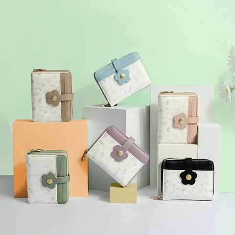 Women's Small PU Leather Bi-fold Wallet With 3D Flower Buckle Floral Print Multi Card Slots Zipper Coin Purse Short Wallet For Ladies