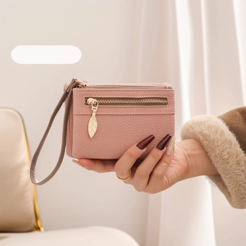 Cartera Corta Para Mujer Cuero PU Patrón Lichi Doble Cremallera Tirador De Hoja Correa De Muñeca Mini Monedero