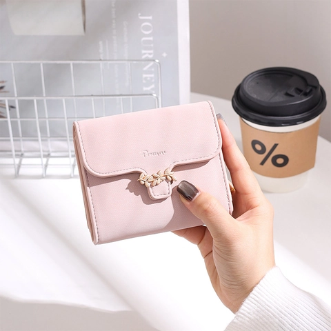Portafoglio Corto Da Donna Pelle PU Motivo Litchi Triplo Fibbia Foglia Dorata Tasca Zip Monete Elegante