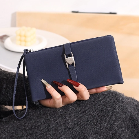 Women Long Wallet PU Leather Clutch Handbag Heart Metal Buckle Multi Card Slots With Wristlet Strap Fashion Accessory