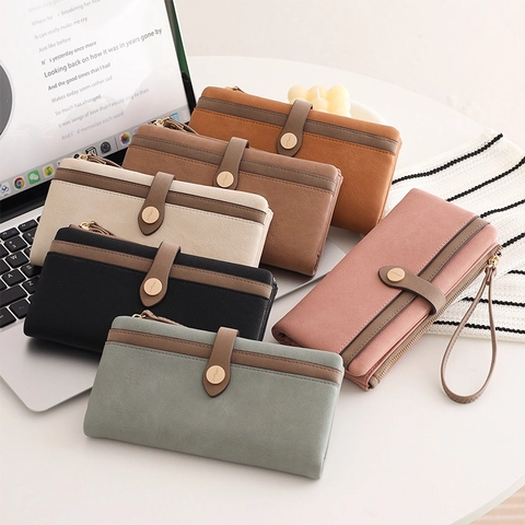 Damen Vintage PU Leder Lange Brieftasche Matte Ziernähte Multifunktionale Clutch Geldbörse Mit Handschlaufe Handtasche