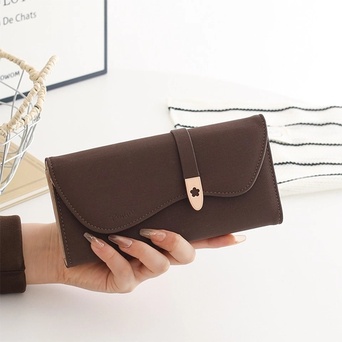Women Long Wallet PU Leather Tri-Fold Clutch Multi-Card Slots Purse With Flower Metal Buckle Elegant Handheld Bag