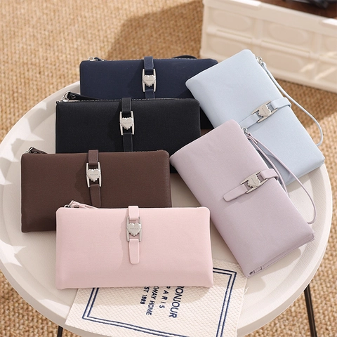 Women Long Wallet PU Leather Clutch Handbag Heart Metal Buckle Multi Card Slots With Wristlet Strap Fashion Accessory