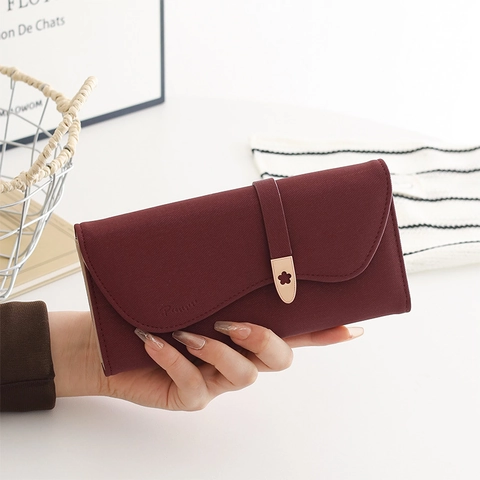 Elegante Portafoglio Lungo da Donna in Pelle PU Opaca Pochette Bordo a Onde Fibbia a Fiore Slot per Carte Borsello Quotidiano Festa