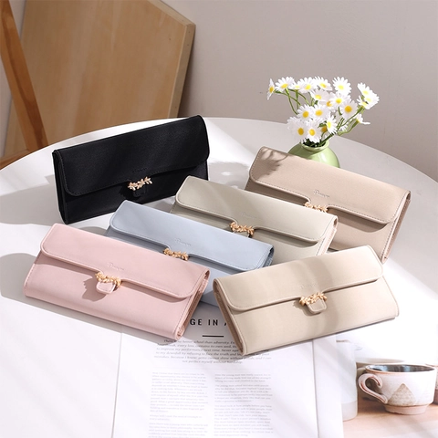 Elegante Damen PU Leder Lange Brieftasche Mit Blatt Metall Schnalle Einfarbig Mehrere Kartenfächer Reißverschluss Münzfach Clutch