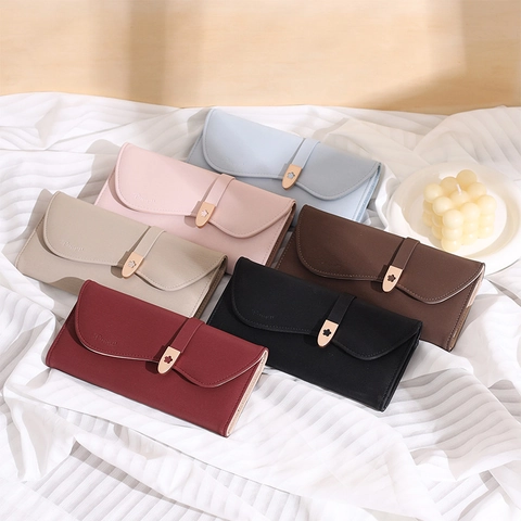 Women Long Wallet PU Leather Tri-Fold Clutch Multi-Card Slots Purse With Flower Metal Buckle Elegant Handheld Bag
