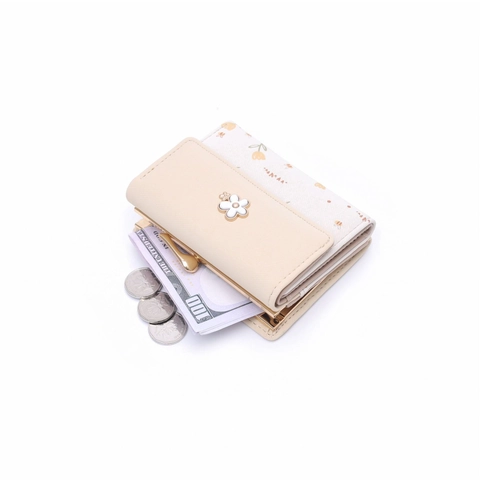 Cartera Corta De Mujer Cuero PU Plegable En Tres Estampado Floral Abeja Cierre De Beso Monedero Ranura Para Tarjeta Dulce
