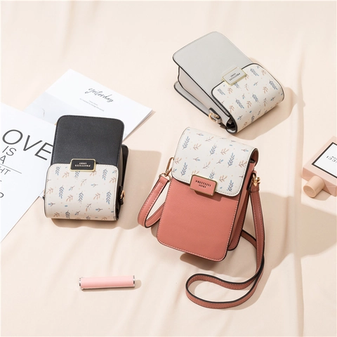 Borsa per Cellulare da Donna in Pelle PU con Stampa a Foglie Borsa a Tracolla Mini Verticale con Fibbia in Metallo e Tracolla Regolabile