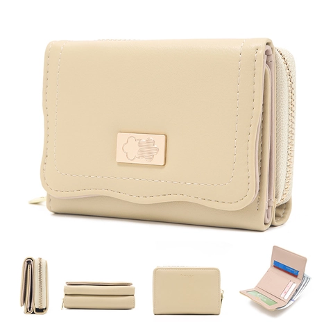 Cartera Corta de Cuero PU para Mujer Pequeño Monedero Plegable Con Decoración de Flores de Metal Costura Ondulada Ranuras para Tarjetas Cremallera