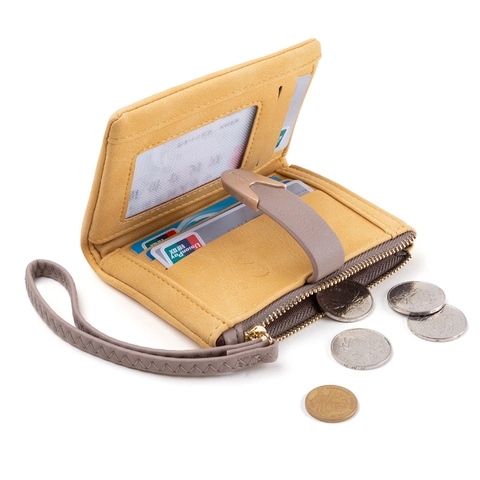 Women's Vintage Frosted PU Leather Short Wallet With Metal Buckle Zipper And Wristlet Solid Color Triple Fold Clutch Coin Purse