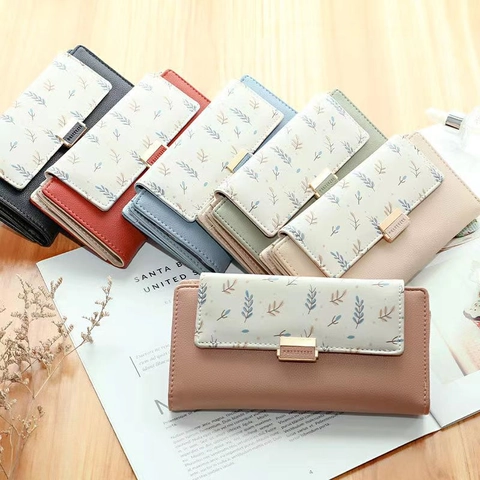 Portafoglio Lungo da Donna in Pelle PU Stampa Floreale Foglia Clutch Triplo Pliegue Grande Capacità Multi Slot Carte Borsa Regalo