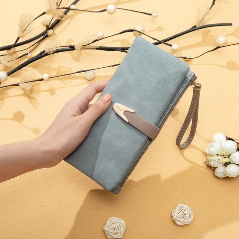 Damen Vintage Matt PU-Leder Lange Geldbörse Mit Metall Blatt-Schließe Große Kapazität Kartenhalter Handtasche Mit Handschlaufe