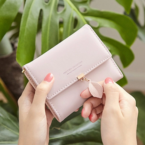Women's Small PU Leather Tri-fold Wallet Sweet Style Solid Color Card Holder With Leaf Pendant Multi-functional Coin Purse