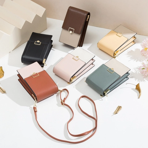 Women Crossbody Mobile Phone Bag PU Leather Color Splicing Vertical Square Shoulder Purse Flip Cover Gold Buckle Strap