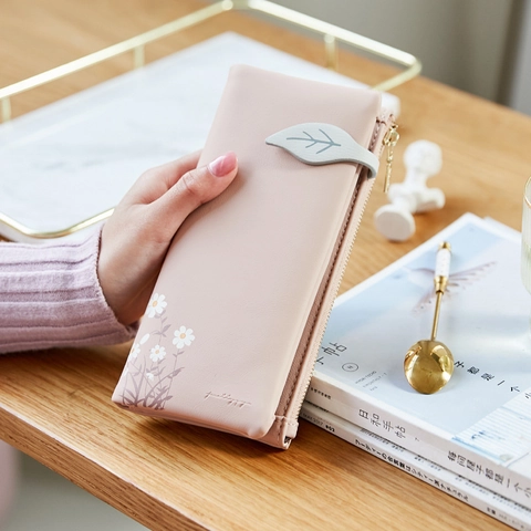 Damen PU Leder Langes Portemonnaie Mit Blattschnalle Gänseblümchen Druck Reißverschlusstasche Multi Kartenfächer Faltbare Clutch Geschenk