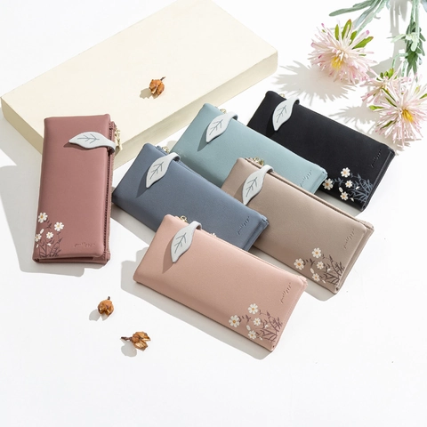 Damen PU Leder Langes Portemonnaie Mit Blattschnalle Gänseblümchen Druck Reißverschlusstasche Multi Kartenfächer Faltbare Clutch Geschenk