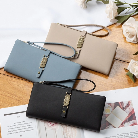 Women Long Wallet PU Leather Clutch Bag Solid Color Zipper Wristlet Strap Metal Round Plate Decoration Large Capacity Card Holder