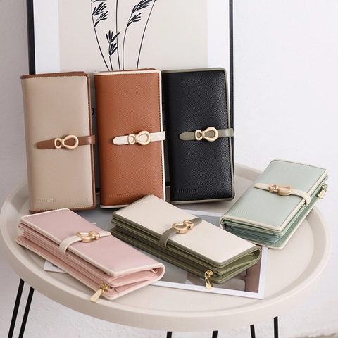 Portafoglio Lungo da Donna in Pelle PU Con Bordini a Contrasto Fibbia a Fiocco Slot per Carte Pochette