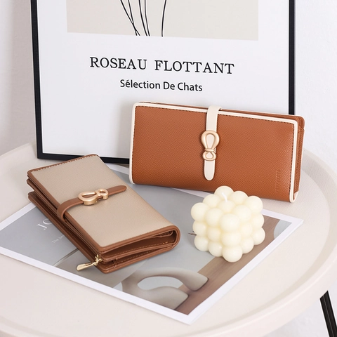 Portafoglio Lungo da Donna in Pelle PU Con Bordini a Contrasto Fibbia a Fiocco Slot per Carte Pochette