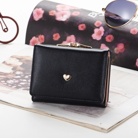 Damen Trifold Geldbörse PU-Leder Herz Metallschnalle Kleingeldfach Student Süß Kartenhalter