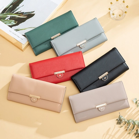 Portafoglio Lungo da Donna Fibbia in Metallo a Cuore Pelle PU Triplo Pieghevole Porta Carte Grande Capacità Pochette Elegante