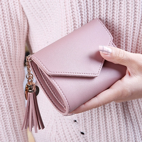 Women's Short PU Leather Wallet With Tassel Heart Charm Trifold Coin Purse Card Holder Japanese Korean Style Handbag Gift