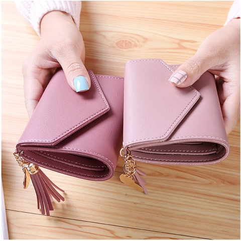 Women's Short PU Leather Wallet With Tassel Heart Charm Trifold Coin Purse Card Holder Japanese Korean Style Handbag Gift
