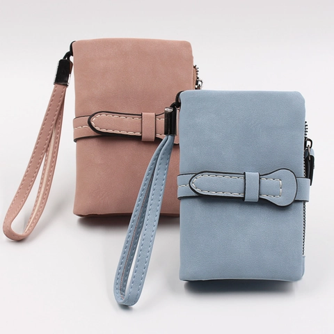 Korean Style Frosted PU Leather Short Wallet For Women Contrast Stitching Card Holder Zipper Pocket With Wristlet