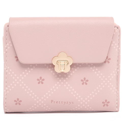 Portafoglio Corto Da Donna Pelle PU Trama Litchi Stampa Floreale Chiusura A Fiore Pieghevole Porta Carte Tasca Zip