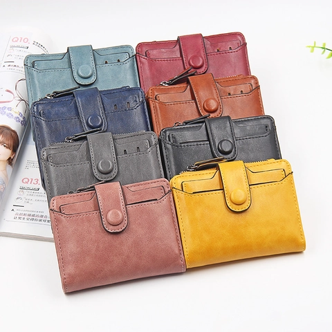 Damen Kurze Faltbare Geldbörse PU Leder Matt Mehrere Kartenfächer Reißverschlusstasche Student Geldbeutel Vintage Stil