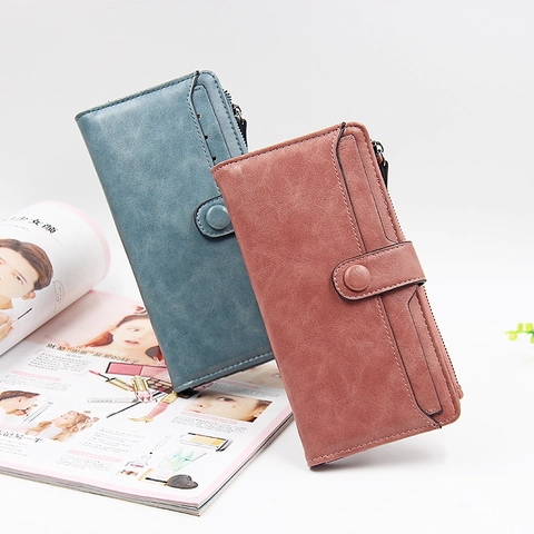 Women Long Wallet PU Leather Large Capacity Clutch Purse With Zipper Buckle Card Holder Solid Color Retro Handbag Daily Clutch