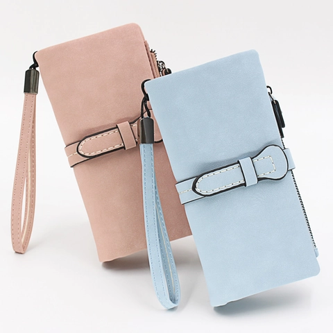 Women Long Wallet Large Capacity Matte PU Leather Clutch With Wristlet Strap Card Slots Zipper Simple Minimalist Purse