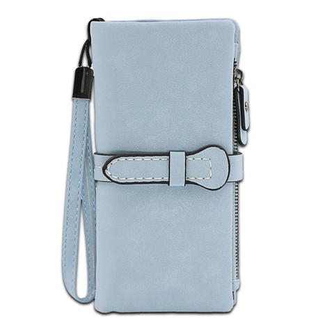 Women's Long Wallet Frosted PU Leather Zipper Buckle Clutch Bag Solid Color Multi-card Slot Purse with Wristlet Strap