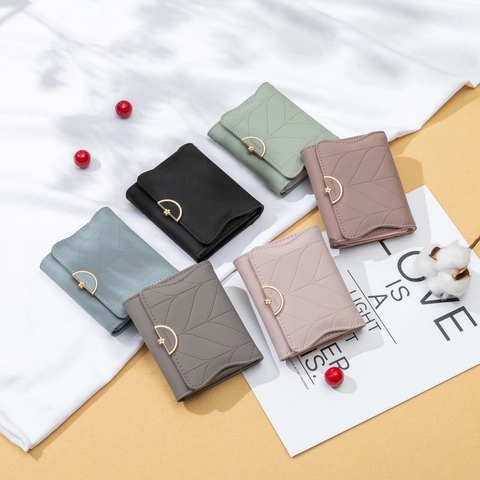 Portefeuille Court en Cuir PU pour Femmes À Trois Volets Minimaliste Coutures Feuilles Fermoir Fleur Porte-cartes Poche Monnaie