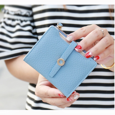 Damen Kurze PU Leder Brieftasche Frischer Koreanischer Stil Litschimuster Reißverschluss Schnalle Münzfach Student Multi-Card Kartenhalter