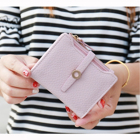 Damen Kurze PU Leder Brieftasche Frischer Koreanischer Stil Litschimuster Reißverschluss Schnalle Münzfach Student Multi-Card Kartenhalter