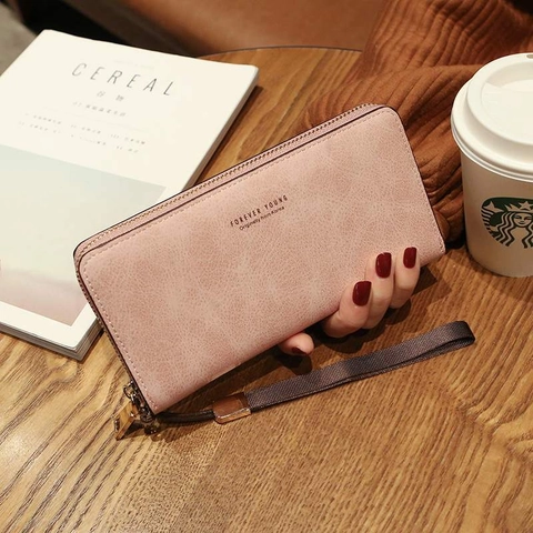 Women Long Zipper Wallet Large Capacity PU Leather Clutch Purse Phone Bag With Wristlet Korean Style Solid Color Letter Print