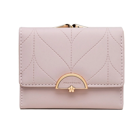 Damen Kleine Dreifache Brieftasche PU Leder Blattsteppung Gold Blume Verschluss Kartenhalter Münzfach Elegante Mini Geldbeutel