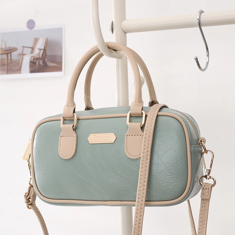 Bolso Boston De Mujer Cuero PU Color De Contraste Bolso De Bandolera Pequeño Vintage Multi Cremallera Bolso De Moda