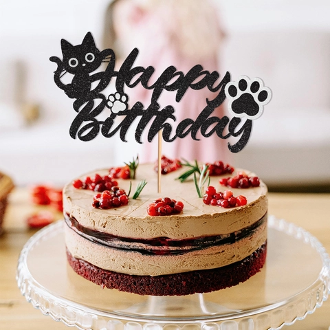 Decorazione Per Torta Buon Compleanno Gatto Con Glitter Nero Con Impronte Di Zampe Silhouette Di Gattino Per Festa