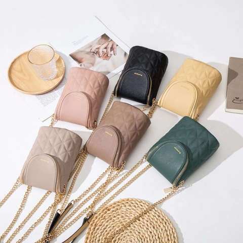 Dames Ruitjesmotief Crossbody Telefoontasje Kunstleer Ketting Dubbele Rits Mini Schoudertas Casual Reizen